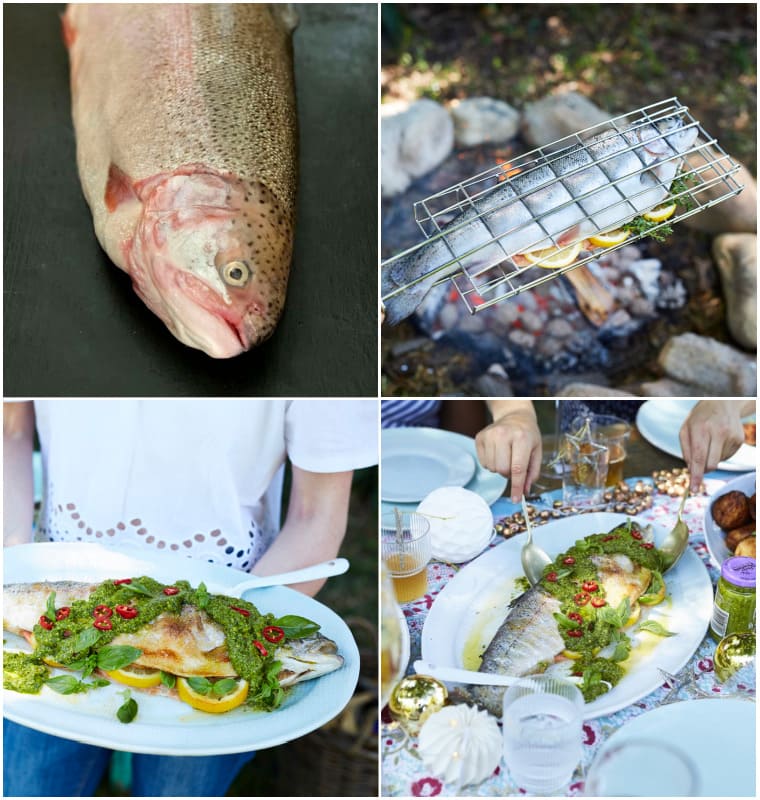 Whole Braaied Rainbow Trout Paired with Basil and Chilli Pesto