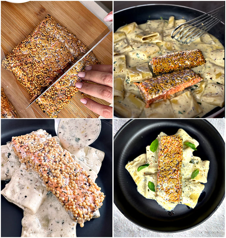 Three Streams Hot Smoked Pepper, Mustard Seed and Dill Trout Portions with rigatoni and creamy parmesan sauce
