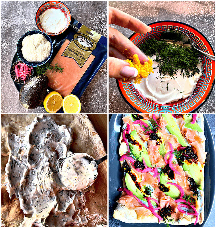 Composite image of ingredients, preparation and cooked Smoke Salmon Pizza
