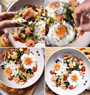Salmon and Fried Egg with Pesto in a white procelain bowl