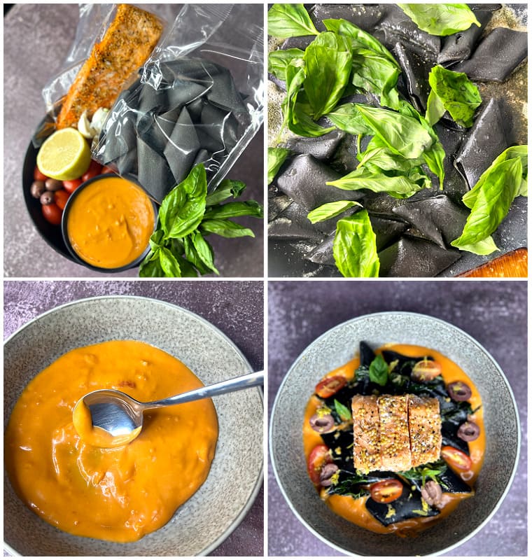 Hot Smoked Norwegian Salmon with sundried tomato sauce and fresh basil