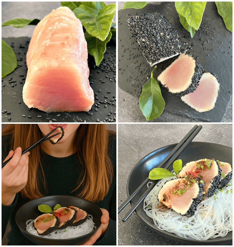Trim the loin until you have a smooth exterior texture. Rub with a little vegetable oil. Pour the black sesame seeds in a plate and roll the tuna loin in it to coat all around the meat. Heat a little oil in a pan and sear on all sides the centre must not be cooked. Serve on glass noodles with the sesame and soy dressing.